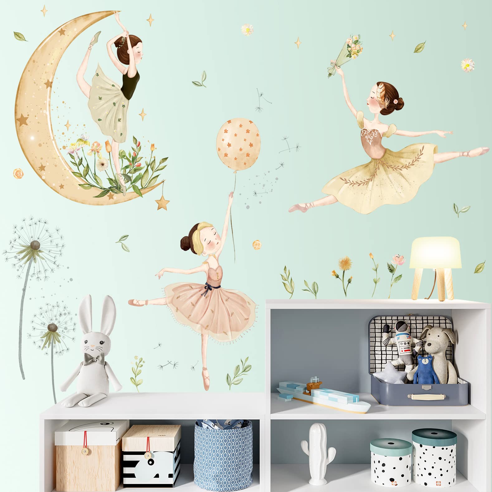 2 Sheets Ballet Girls Wall Stickers 3D Moon and Flower Wall Decals DIY Removable Dandelions Wall Sticker for Kids Baby Girls Bedroom Nursery Living Room TV Background Kids Rooms Home Wall Decoration