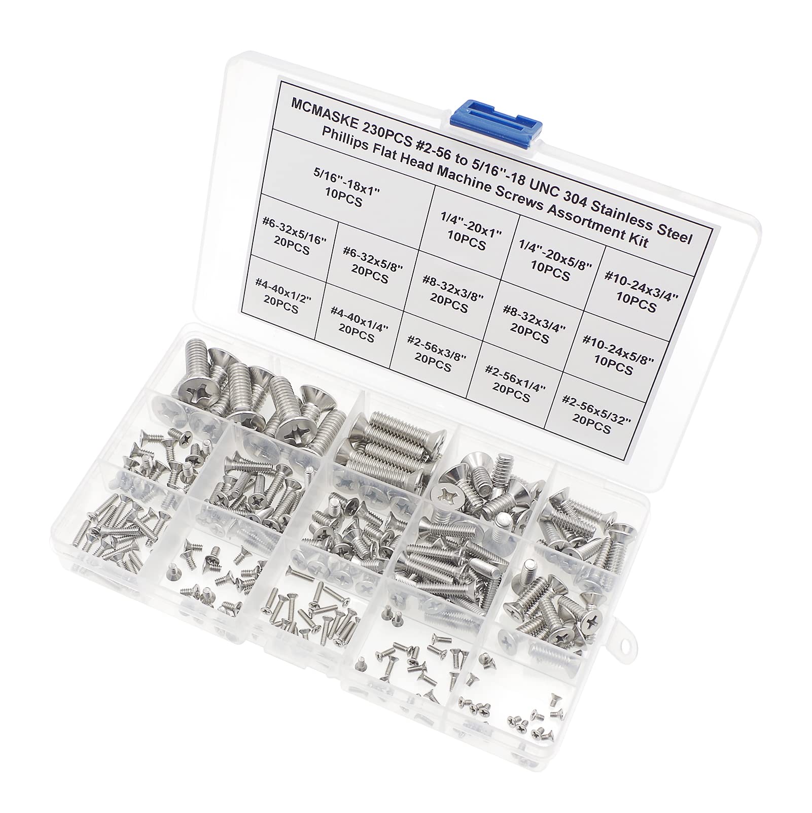 MCMASKE #2-56#4-40#6-32#8-32#10-24 1/4"-20 5/16"-18 UNC 304 Stainless Steel Phillips Flat Head Machine Screws Assortment Kit