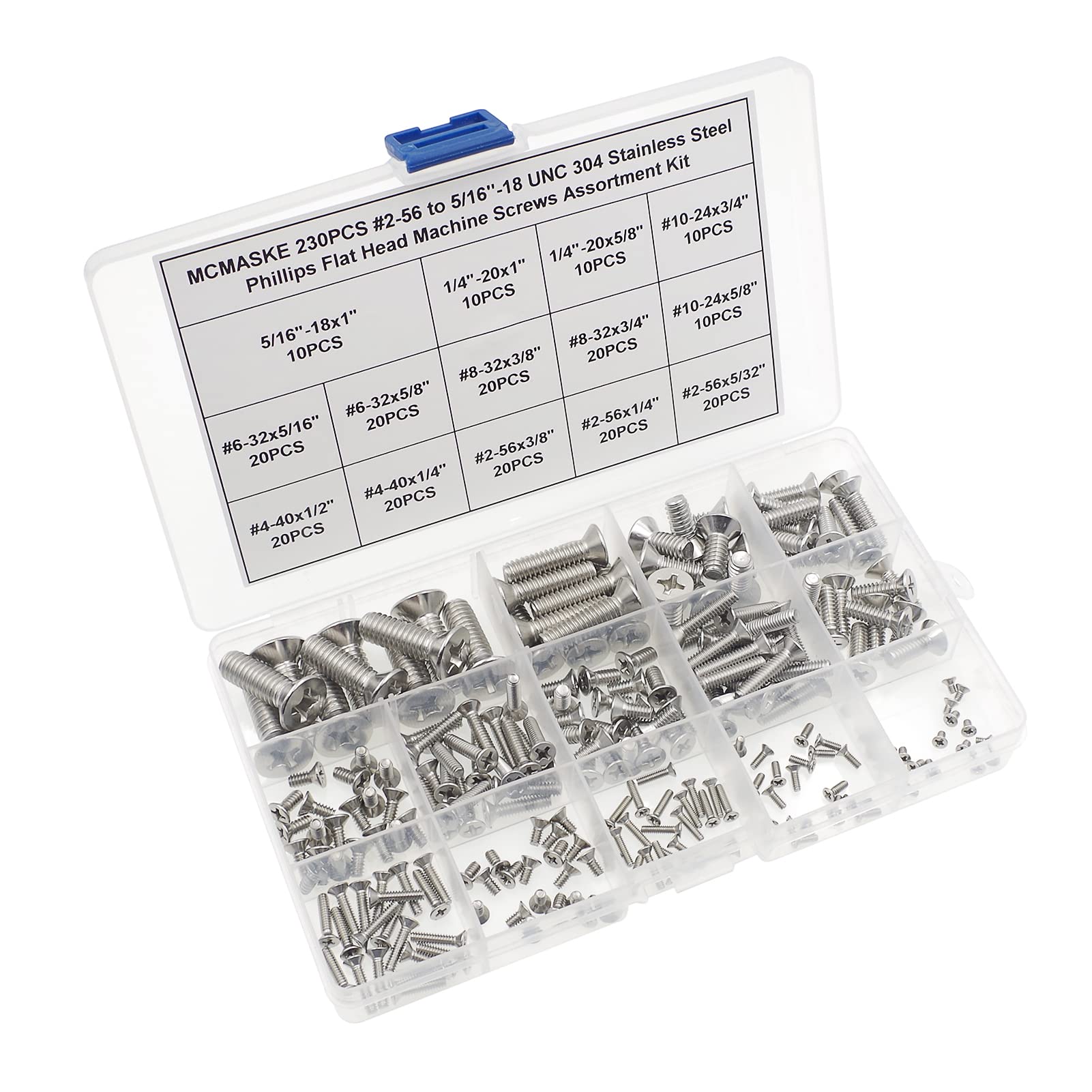 MCMASKE #2-56#4-40#6-32#8-32#10-24 1/4"-20 5/16"-18 UNC 304 Stainless Steel Phillips Flat Head Machine Screws Assortment Kit