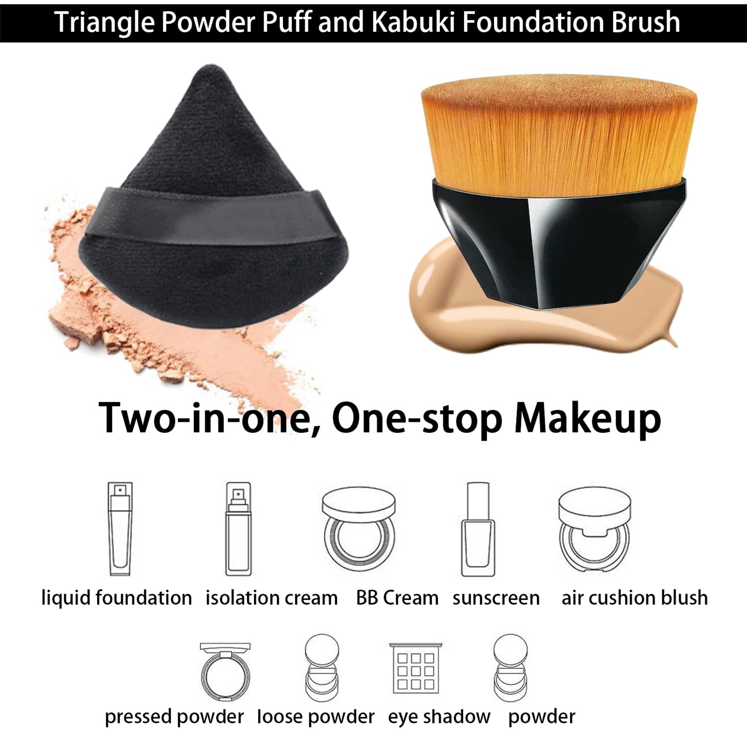 Triangle Powder Puff, 6+1 Pieces Makeup Powder Puffs and Kabuki Foundation Brush, Soft Velour Powder Puffs for Face and Body Foundation Sponge, Setting Powder Puff Wet Dry Makeup Tool