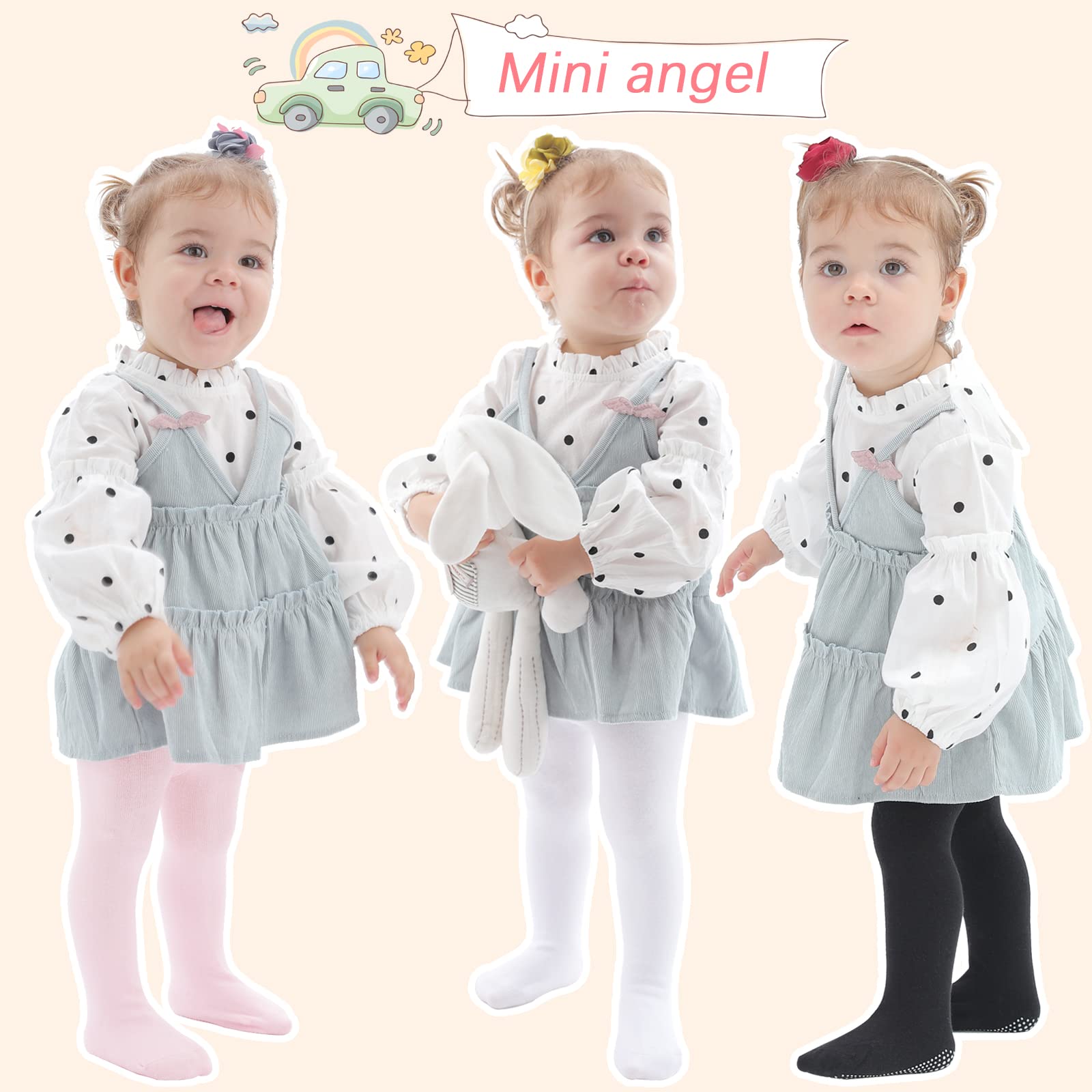 Mini angel Baby Girl Tights Non Slip Baby Tights Warm Cotton Leggings 2-4 Years Seamless Pantyhose Non-Skid Grip for Toddler 3 Pack (Black, White, Pink, L)