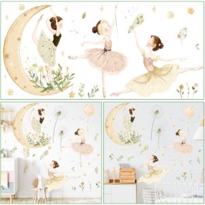 2 Sheets Ballet Girls Wall Stickers 3D Moon and Flower Wall Decals DIY Removable Dandelions Wall Sticker for Kids Baby Girls Bedroom Nursery Living Room TV Background Kids Rooms Home Wall Decoration