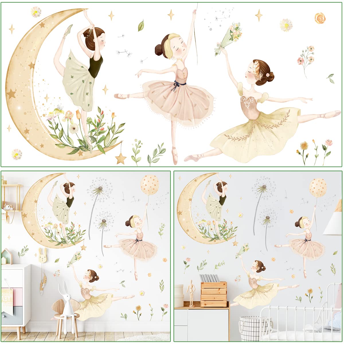 2 Sheets Ballet Girls Wall Stickers 3D Moon and Flower Wall Decals DIY Removable Dandelions Wall Sticker for Kids Baby Girls Bedroom Nursery Living Room TV Background Kids Rooms Home Wall Decoration