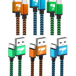 Aioneus 3 Pack 6ft Micro USB Cable + 3 Pack 10 ft USB-A to USB-C Cable (Blue, Orange, Green)