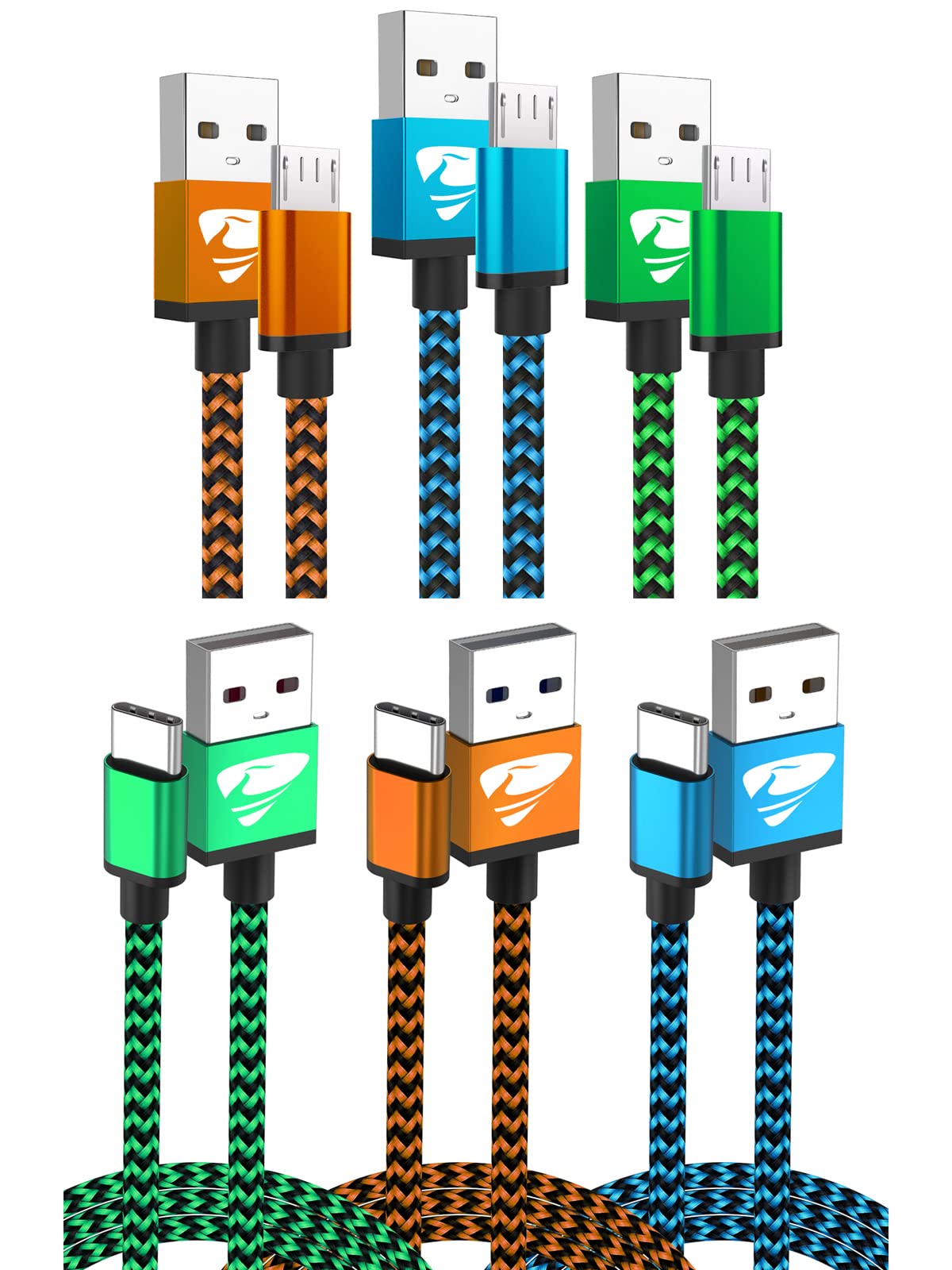 Aioneus 3 Pack 6ft Micro USB Cable + 3 Pack 10 ft USB-A to USB-C Cable (Blue, Orange, Green)