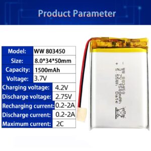 FREEDOH 3.7V 1500mAh Polymer Lithium Battery 803450 Rechargeable Lithium Polymer ion Battery Spare Battery Pack (2pcs)