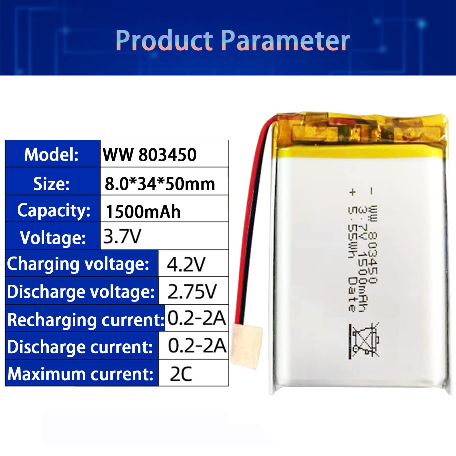 FREEDOH 3.7V 1500mAh Polymer Lithium Battery 803450 Rechargeable Lithium Polymer ion Battery Spare Battery Pack (2pcs)