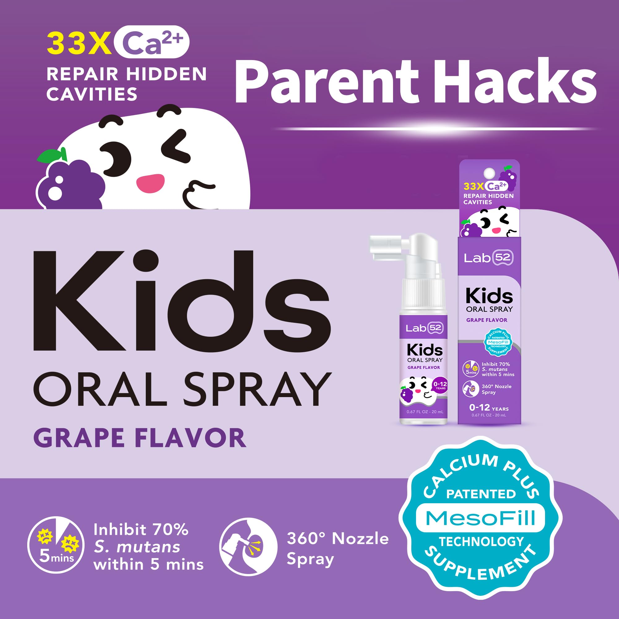 LAB52 Kids Oral Spray, Toddler Toothpaste Helper for Cavity Repair and Fresh Breath, Children Anticavity with Fluoride Free for Newborn to Preschoolers, Xylitol Grape Flavor