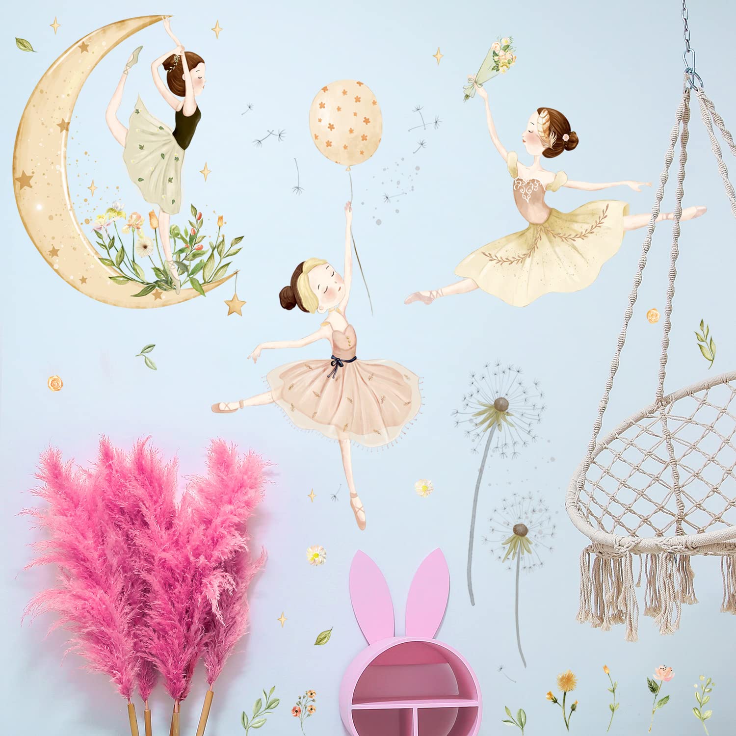 2 Sheets Ballet Girls Wall Stickers 3D Moon and Flower Wall Decals DIY Removable Dandelions Wall Sticker for Kids Baby Girls Bedroom Nursery Living Room TV Background Kids Rooms Home Wall Decoration