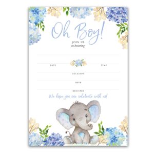 BLUE ELEPHANT Baby Shower INVITATIONS — Pack of 25 — BABY BOY Blank Fill-in Baby Shower INVITES, Oh Baby, Blue Floral BABY ELEPHANT BOY Baby Sprinkle Little Peanut Invitation SKU I531-INV1