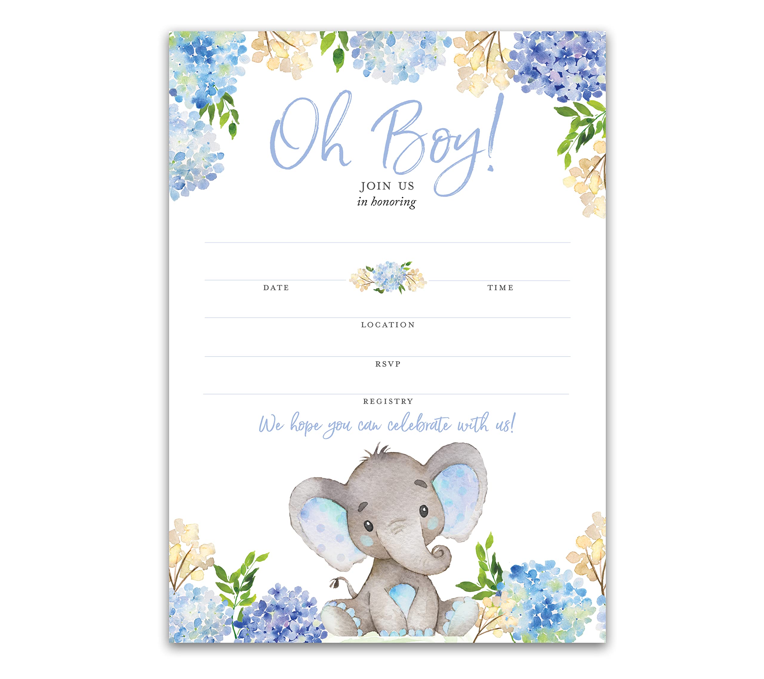 BLUE ELEPHANT Baby Shower INVITATIONS — Pack of 25 — BABY BOY Blank Fill-in Baby Shower INVITES, Oh Baby, Blue Floral BABY ELEPHANT BOY Baby Sprinkle Little Peanut Invitation SKU I531-INV1