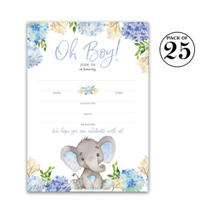 BLUE ELEPHANT Baby Shower INVITATIONS — Pack of 25 — BABY BOY Blank Fill-in Baby Shower INVITES, Oh Baby, Blue Floral BABY ELEPHANT BOY Baby Sprinkle Little Peanut Invitation SKU I531-INV1