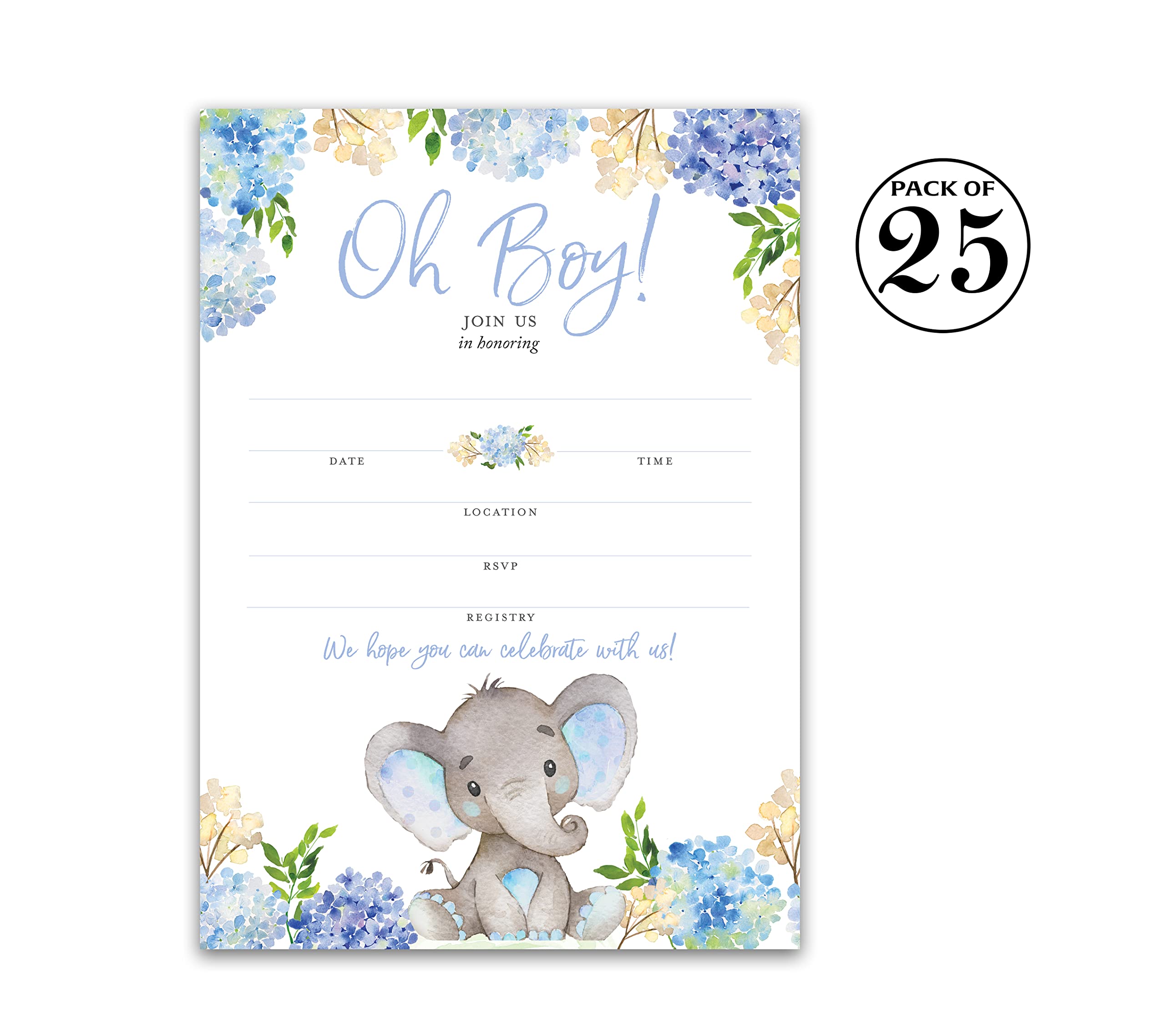 BLUE ELEPHANT Baby Shower INVITATIONS — Pack of 25 — BABY BOY Blank Fill-in Baby Shower INVITES, Oh Baby, Blue Floral BABY ELEPHANT BOY Baby Sprinkle Little Peanut Invitation SKU I531-INV1