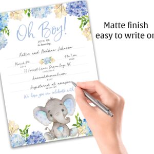 BLUE ELEPHANT Baby Shower INVITATIONS — Pack of 25 — BABY BOY Blank Fill-in Baby Shower INVITES, Oh Baby, Blue Floral BABY ELEPHANT BOY Baby Sprinkle Little Peanut Invitation SKU I531-INV1