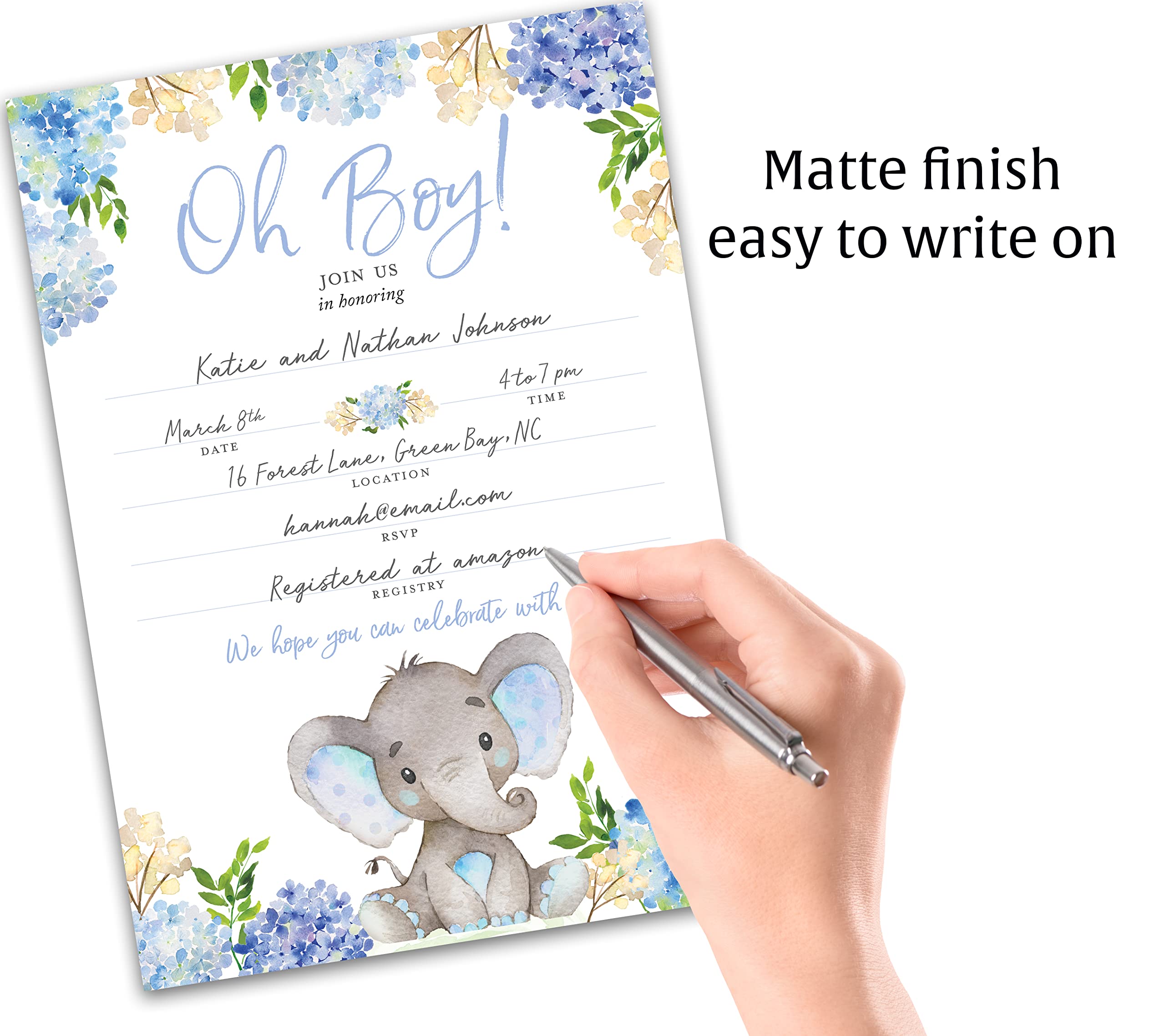 BLUE ELEPHANT Baby Shower INVITATIONS — Pack of 25 — BABY BOY Blank Fill-in Baby Shower INVITES, Oh Baby, Blue Floral BABY ELEPHANT BOY Baby Sprinkle Little Peanut Invitation SKU I531-INV1