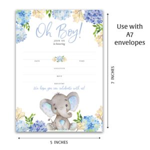 BLUE ELEPHANT Baby Shower INVITATIONS — Pack of 25 — BABY BOY Blank Fill-in Baby Shower INVITES, Oh Baby, Blue Floral BABY ELEPHANT BOY Baby Sprinkle Little Peanut Invitation SKU I531-INV1