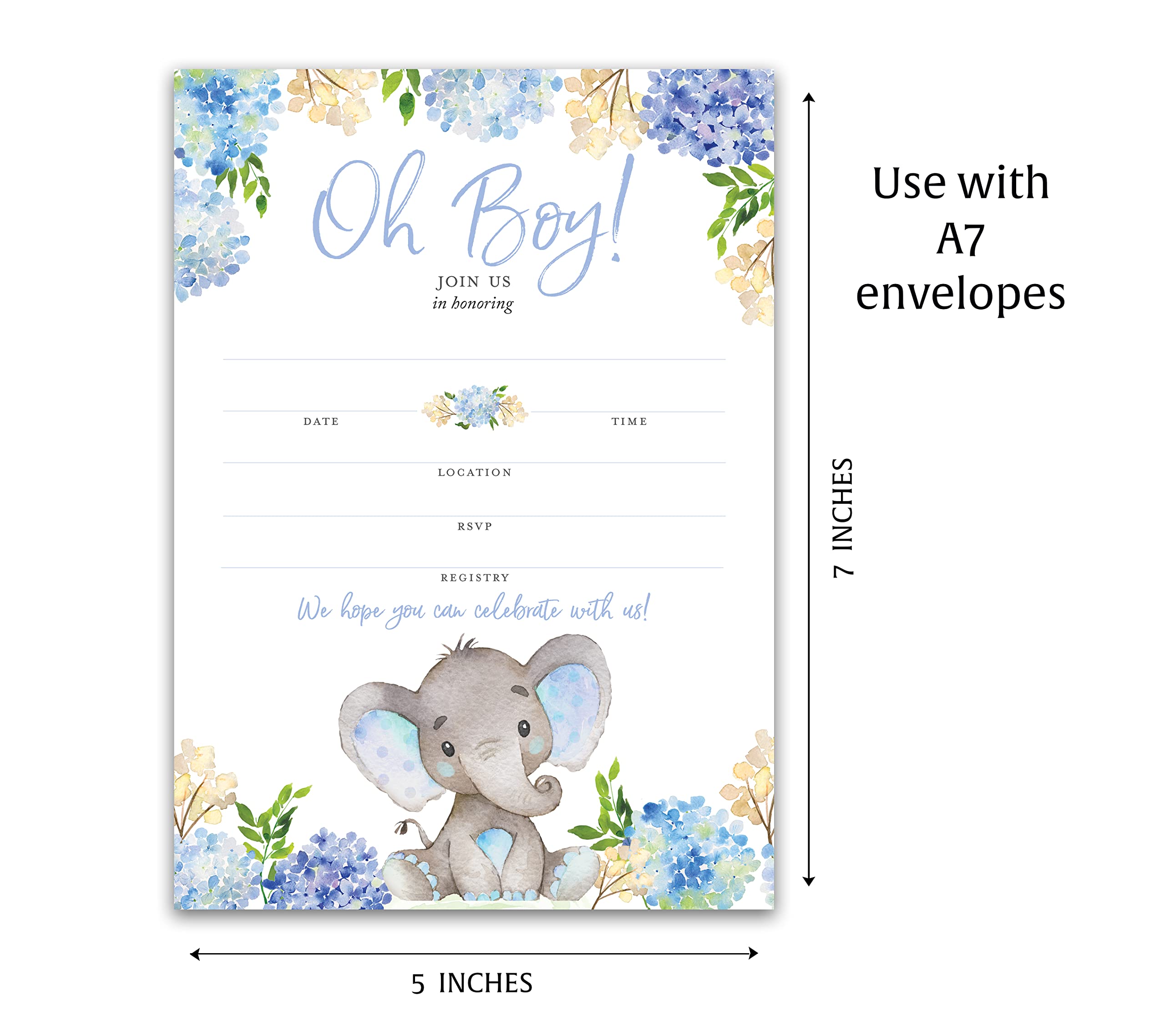 BLUE ELEPHANT Baby Shower INVITATIONS — Pack of 25 — BABY BOY Blank Fill-in Baby Shower INVITES, Oh Baby, Blue Floral BABY ELEPHANT BOY Baby Sprinkle Little Peanut Invitation SKU I531-INV1