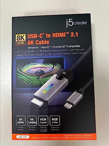 j5create USB Type C to HDMI Cable- 5.9FT / 1.8m (8K@60Hz, 4K@120Hz) with RGB LED Light for MacBook Pro, MacBook Air, iPad Pro, Samsung Galaxy, Surface Pro, Dell, HP (JCC157)