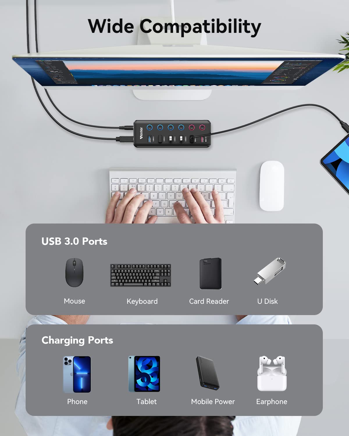 Powered USB Hub, Wenter 6-Port USB 3.0 Hub Splitter (4 USB 3.0 Data Ports + 2 QC 3.0 Fast Charging Ports) with Individual LED On/Off Switches, USB Hub 3.0 Powered with 36W AC Adapter for Mac, PC