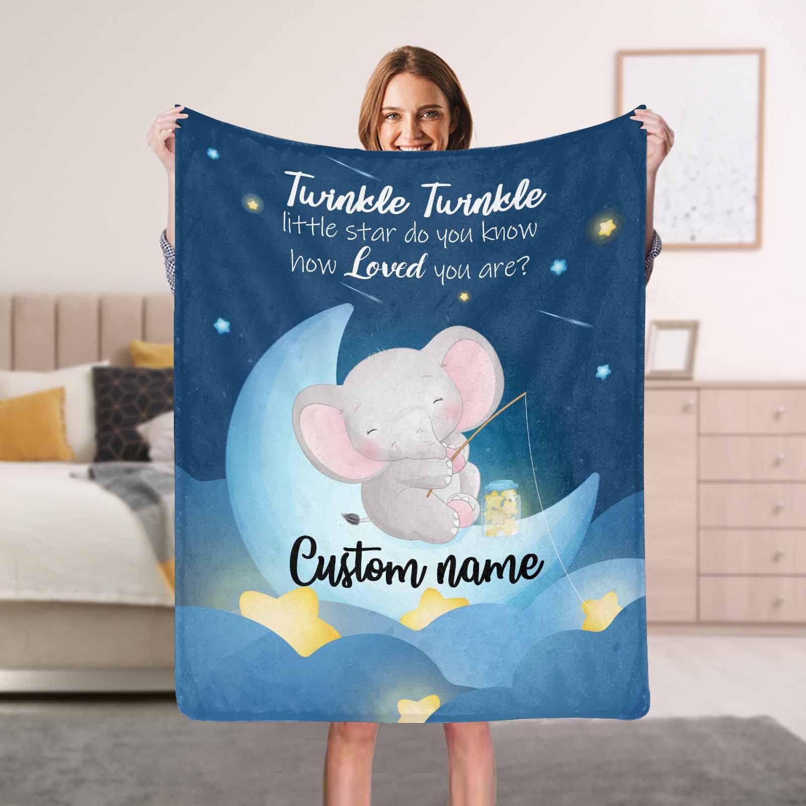 YESCUSTOM Personalized Baby Blanket with Name for Girls Boys Custom Elephant Moon Little Star Baby Blankets for Kids Newborn Super Soft Baby Fleece Blanket Gifts