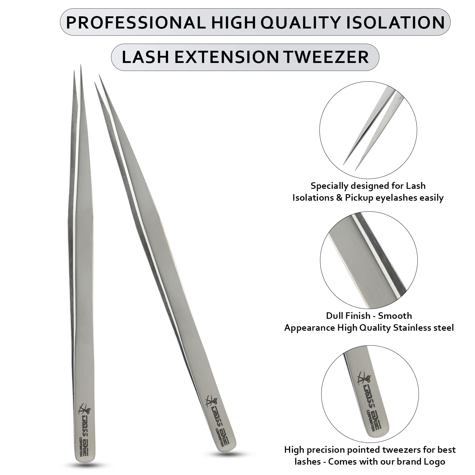 My Hair Tools Pro 1pc Straight Isolation Lash Tweezers for Individual Lashes Stainless Steel Eyelash Extension Tweezers Precision Pointed Tip Classic Lash Extensions Tweezer, Silver Finish, 14cm