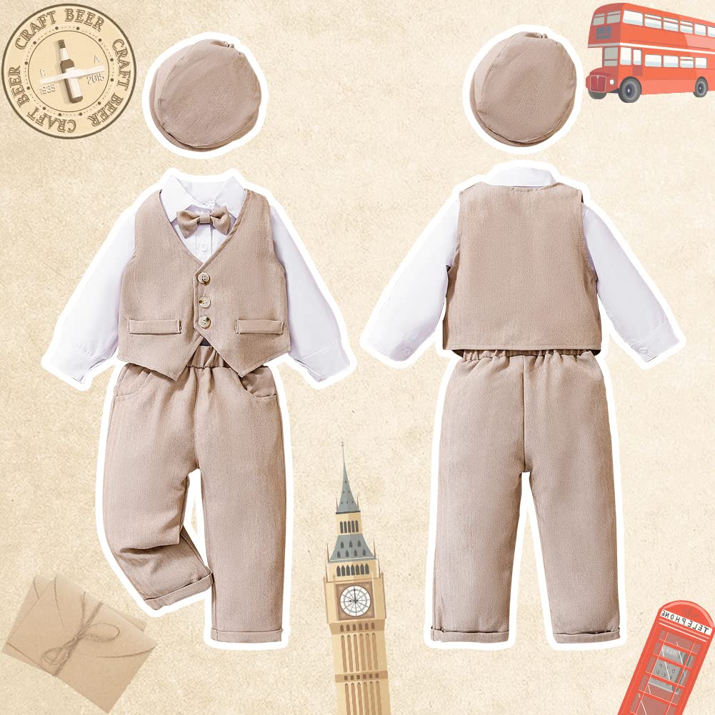 XIFAMNIY Baby Boys Gentleman Outfit 4Pcs Pants and Top Sets Newborn Long Sleeve Romper+ Hat + Vestcoat + Bow Tie 3-24M