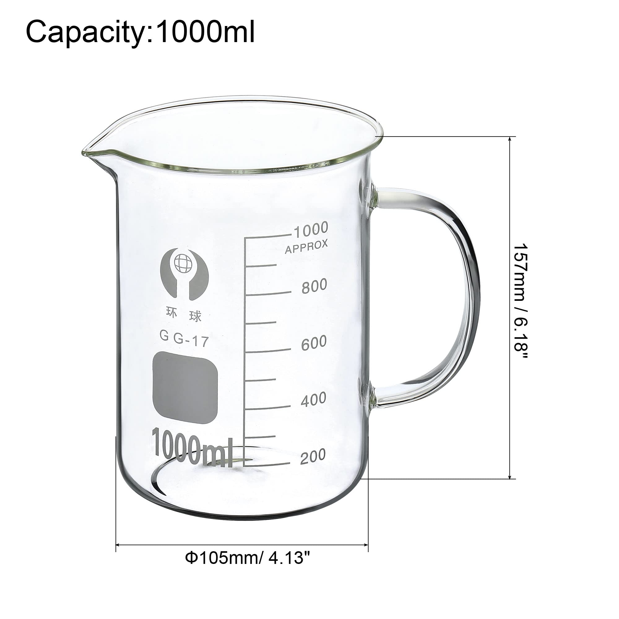 PATIKIL 1000ml Glass Beaker with Handle, 3.3 Borosilicate Glass Graduated Printed Scale Measuring Cups with Spout for Kitchen Lab Liquids Transit Boiling