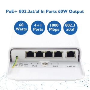 ThePoEstore Gigabit 5 Port PoE Extender Outdoor IP65 Waterproof PoE Passthrough Switch / PoE Amplifier / PoE Booster. 60W 10/100/1000Mbps. IEEE 802.3bt/at/af Compliant.