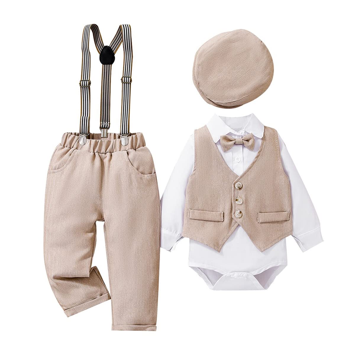 XIFAMNIY Baby Boys Gentleman Outfit 4Pcs Pants and Top Sets Newborn Long Sleeve Romper+ Hat + Vestcoat + Bow Tie 3-24M