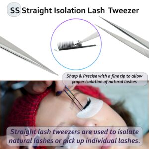 My Hair Tools Pro 1pc Straight Isolation Lash Tweezers for Individual Lashes Stainless Steel Eyelash Extension Tweezers Precision Pointed Tip Classic Lash Extensions Tweezer, Silver Finish, 14cm