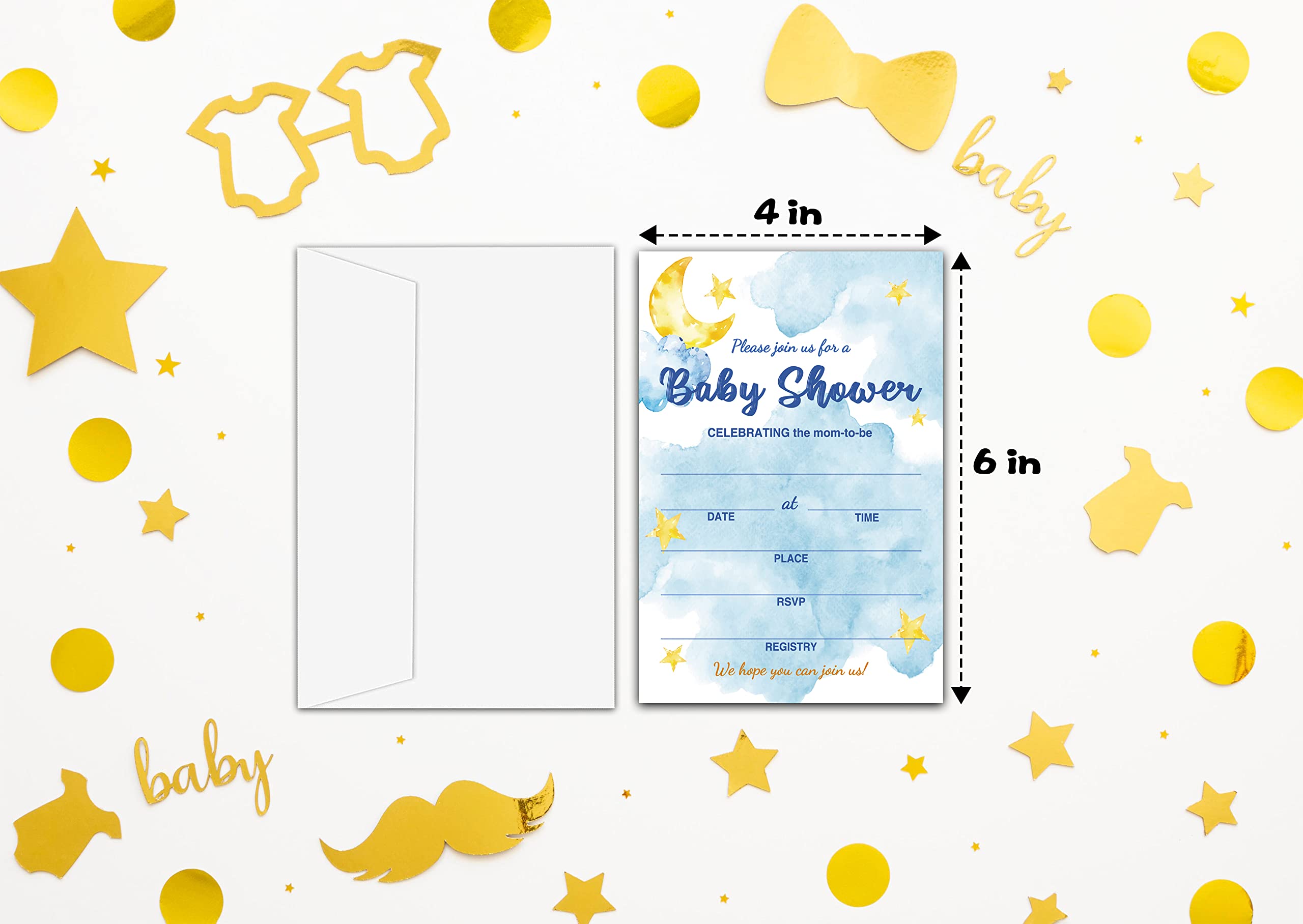 Baby Shower Cards Kit,Moon and Stars Set of 25 Baby Shower Invitations with Envelopes, Book Request Cards for Baby Shower,Sleepover Themed Baby Shower Party Favor Decoration(14)