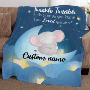 YESCUSTOM Personalized Baby Blanket with Name for Girls Boys Custom Elephant Moon Little Star Baby Blankets for Kids Newborn Super Soft Baby Fleece Blanket Gifts