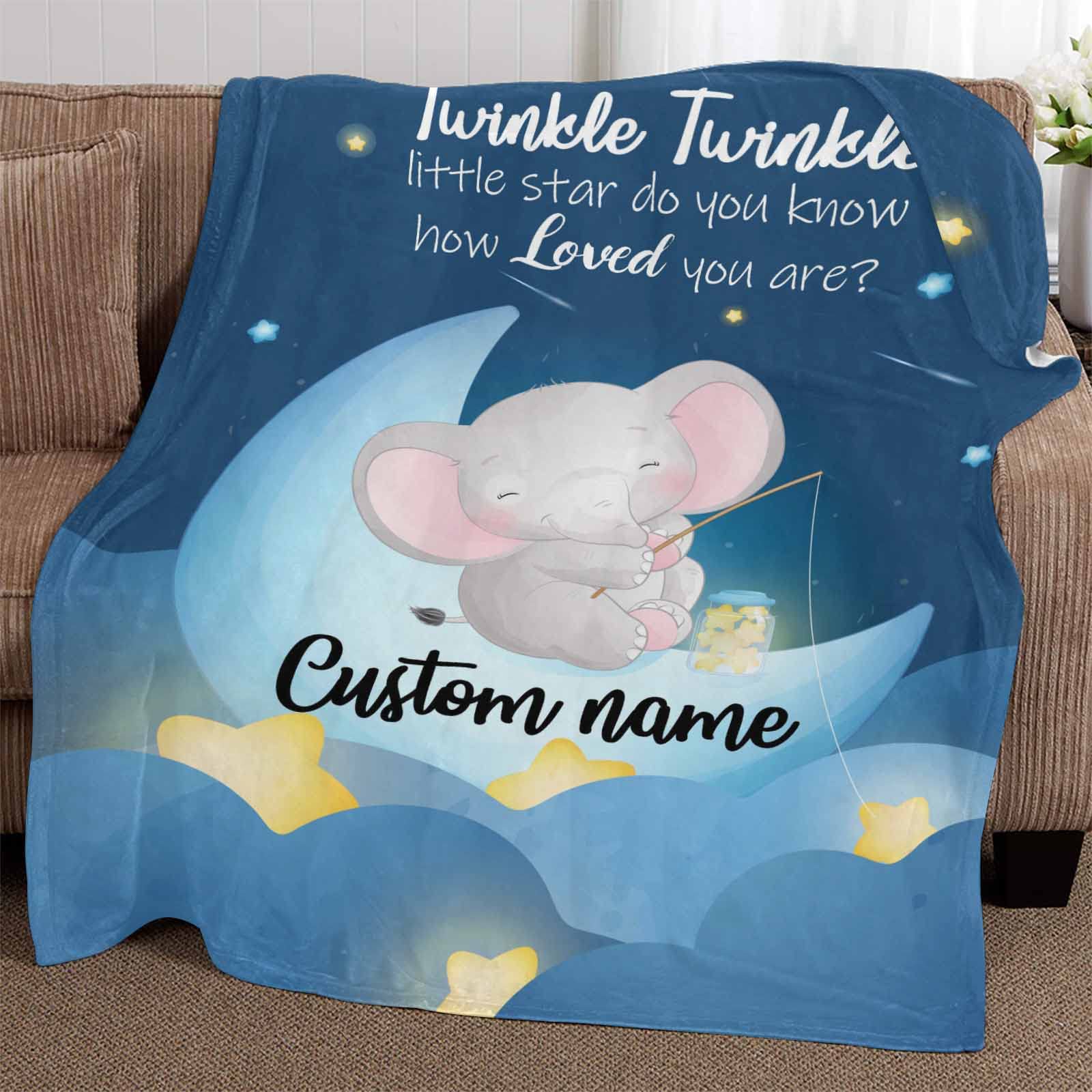 YESCUSTOM Personalized Baby Blanket with Name for Girls Boys Custom Elephant Moon Little Star Baby Blankets for Kids Newborn Super Soft Baby Fleece Blanket Gifts