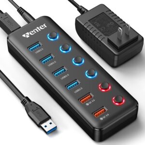 powered usb hub, wenter 6-port usb 3.0 hub splitter (4 usb 3.0 data ports + 2 qc 3.0 fast charging ports) with individual led on/off switches, usb hub 3.0 powered with 36w ac adapter for mac, pc