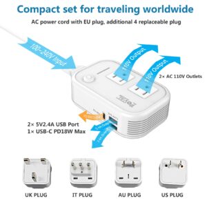 220V to 110V Converter Travel Adapter: FOVAL [Upgraded] International Step Down Power Converter for Hair Straightener/Curler with 18W USB-C Port Outlet Voltage Converter US to Europe Italy UK AU Plug