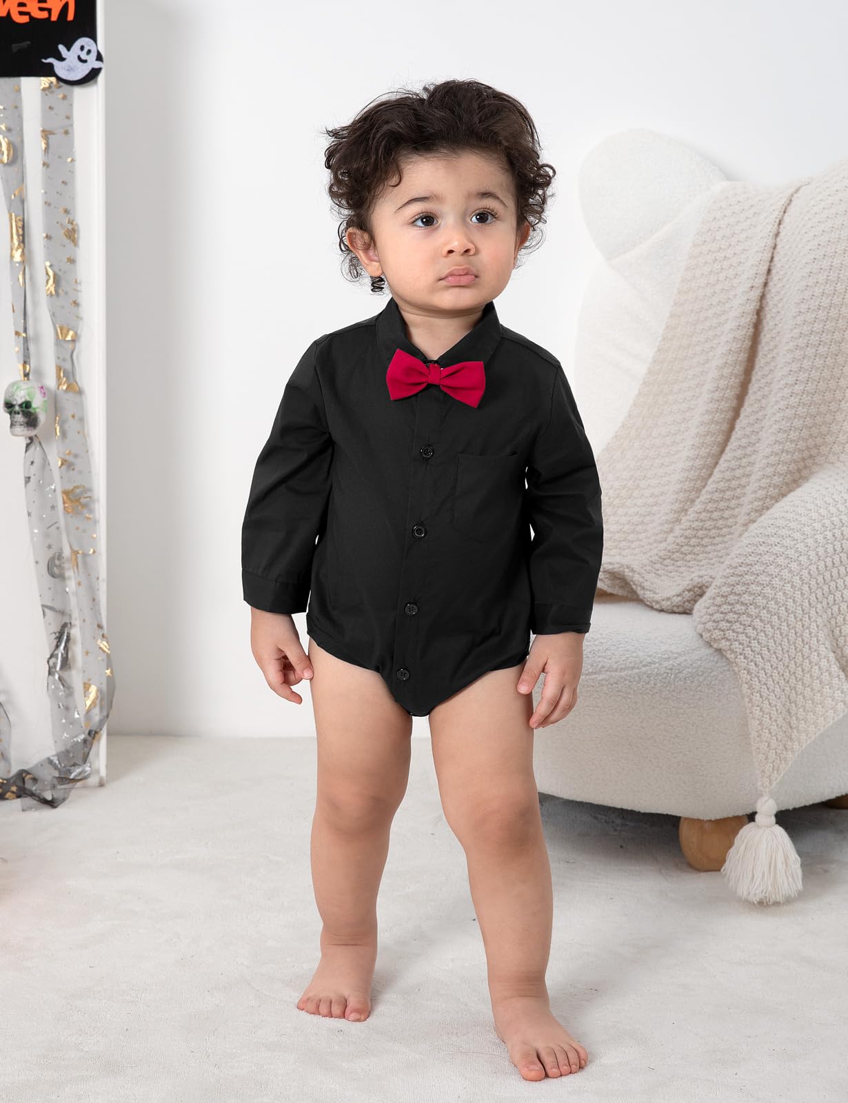 A&J DESIGN Baby Boy Button Down Shirt Infant Dress Bodysuit Gentlemen Long Sleeve One Piece Formal Rompers 12-18 Months Black