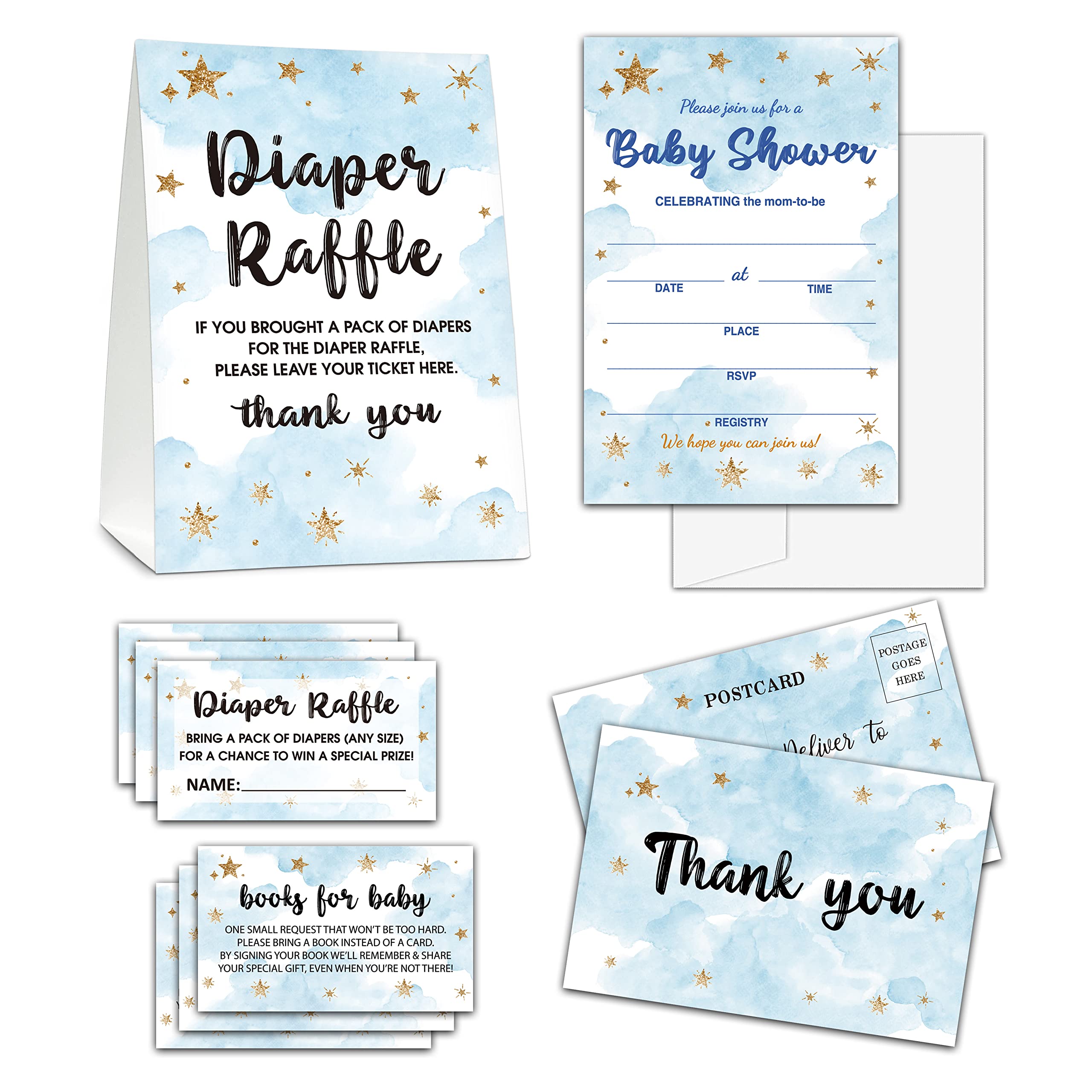 Baby Shower Cards Kit,Moon and Stars Set of 25 Baby Shower Invitations with Envelopes, Book Request Cards for Baby Shower,Sleepover Themed Baby Shower Party Favor Decoration(13)