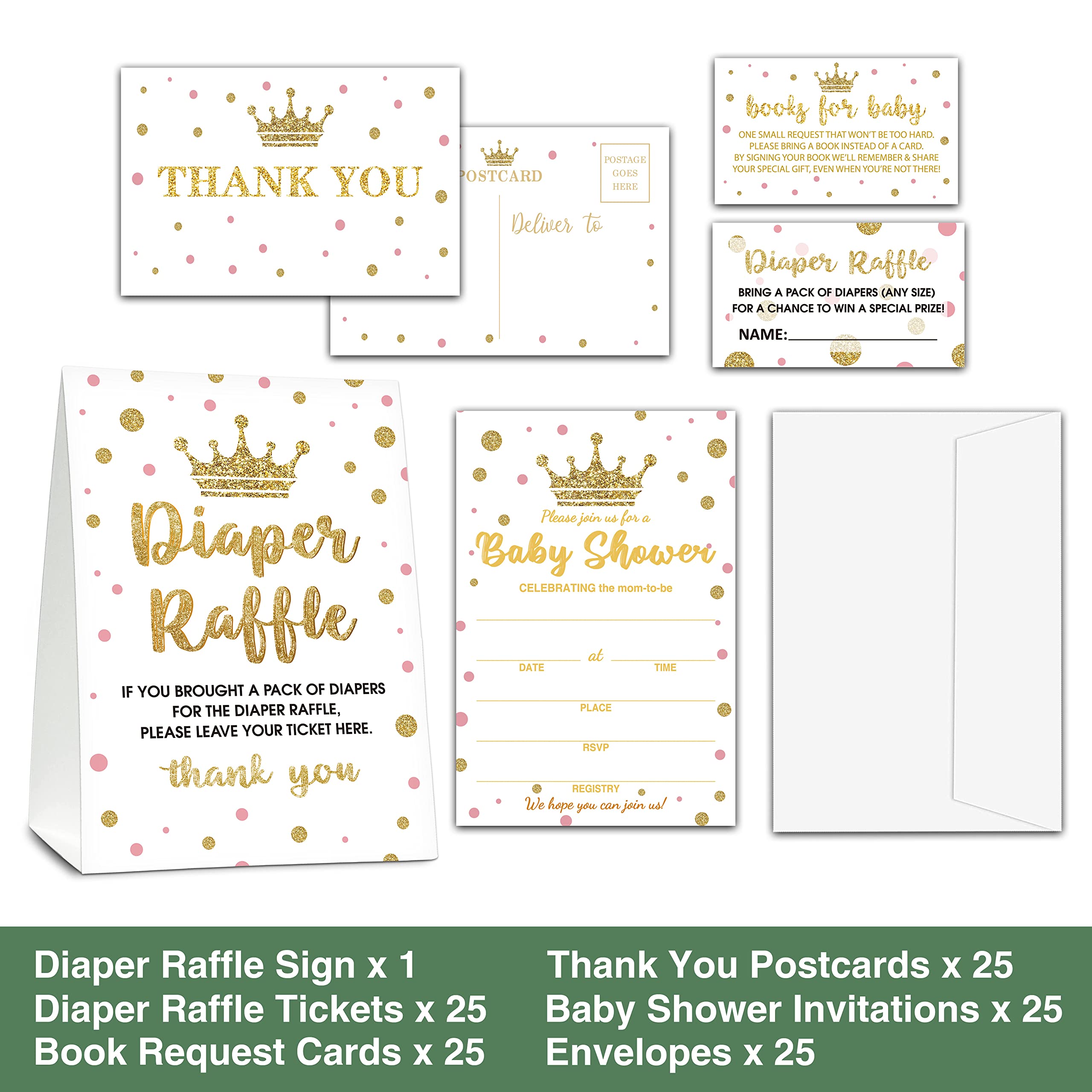 Baby Shower Cards Kit,A Little Princess Set of 25 Baby Shower Invitations with Envelopes, Book Request Cards for Baby Shower,Pink & Gold Baby Shower Party Favor Decoration(11)