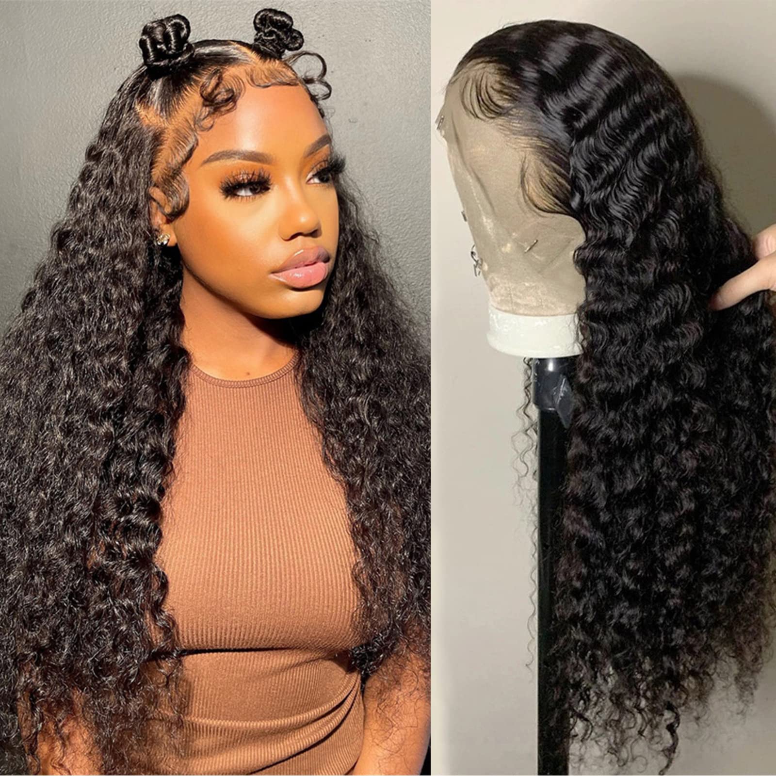 BeautyGrace 24Inch Deep Wave Lace Front Wig Human Hair 180% Density Brazilian Virgin Deep Wave Frontal Wig Human Hair Pre Plucked With Baby Hair Natural Color (24Inch)