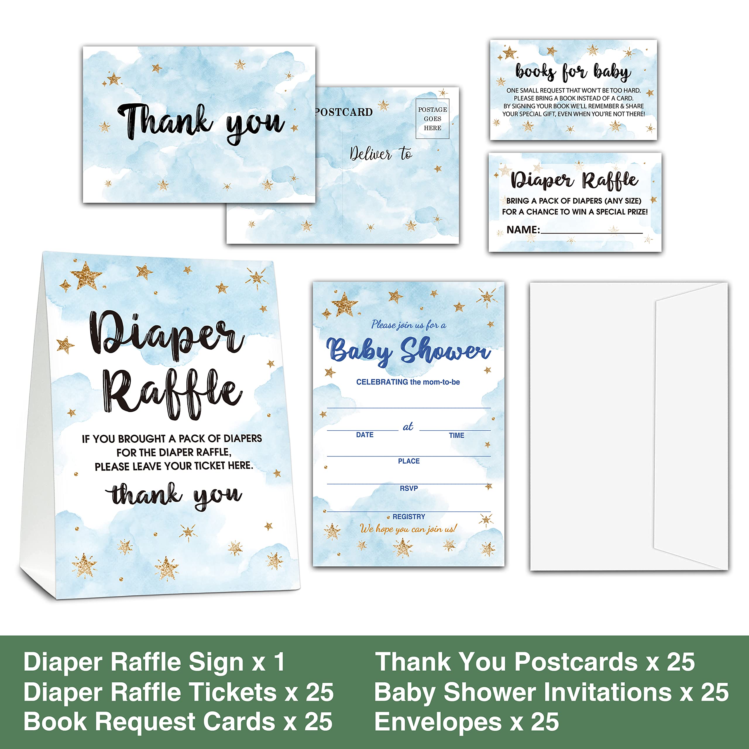 Baby Shower Cards Kit,Moon and Stars Set of 25 Baby Shower Invitations with Envelopes, Book Request Cards for Baby Shower,Sleepover Themed Baby Shower Party Favor Decoration(13)