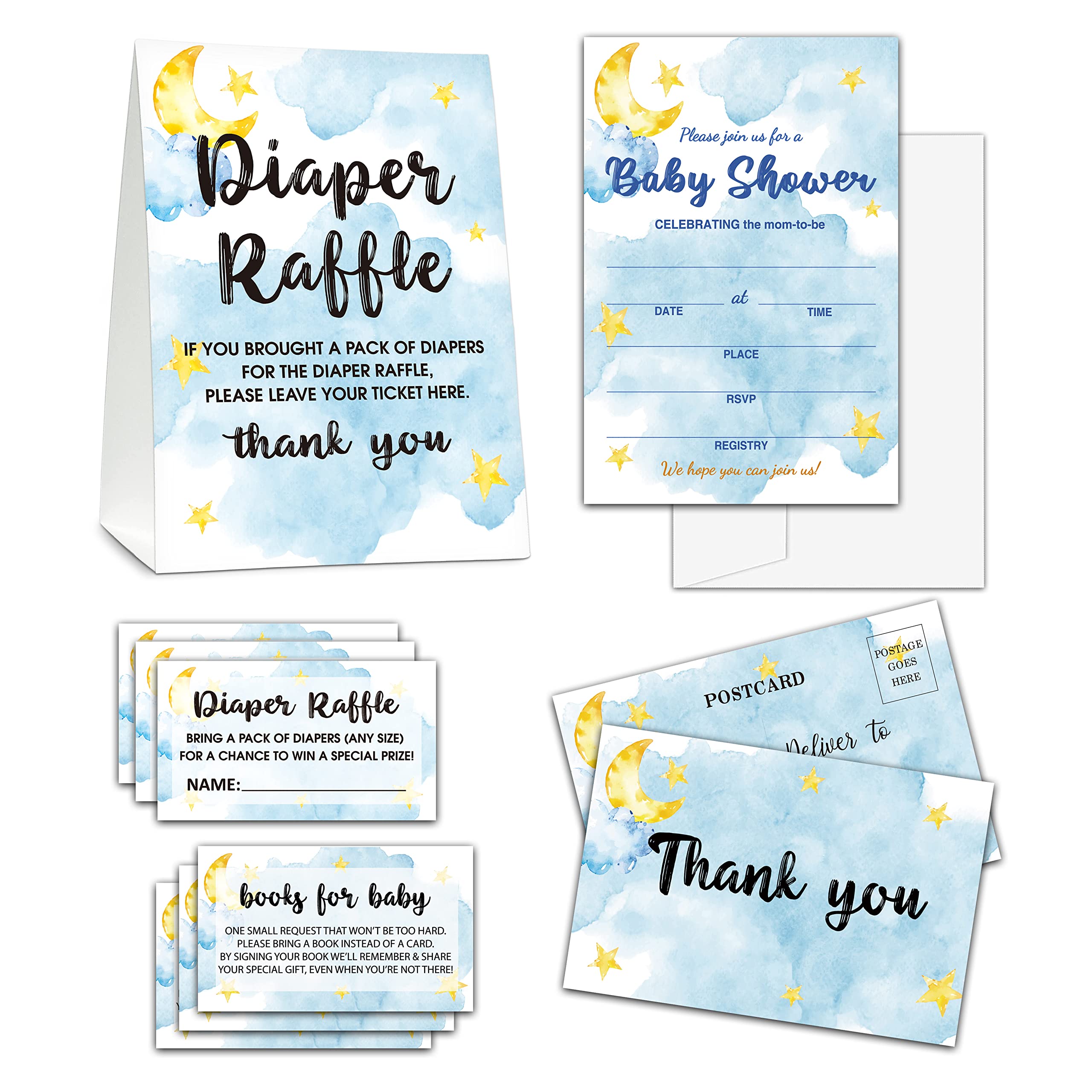 Baby Shower Cards Kit,Moon and Stars Set of 25 Baby Shower Invitations with Envelopes, Book Request Cards for Baby Shower,Sleepover Themed Baby Shower Party Favor Decoration(14)