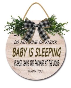 weytff baby sleeping sign for front door funny baby sleeping hanging sign plaque, do not knock or ring the bell, round wooden door hanger for baby room, nursery, front door, door knob decor 12"