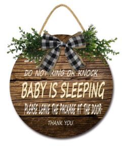 weytff baby sleeping sign for front door funny baby sleeping hanging sign plaque, do not knock or ring the bell, round wooden door hanger for baby room, nursery, front door, door knob decor 11"