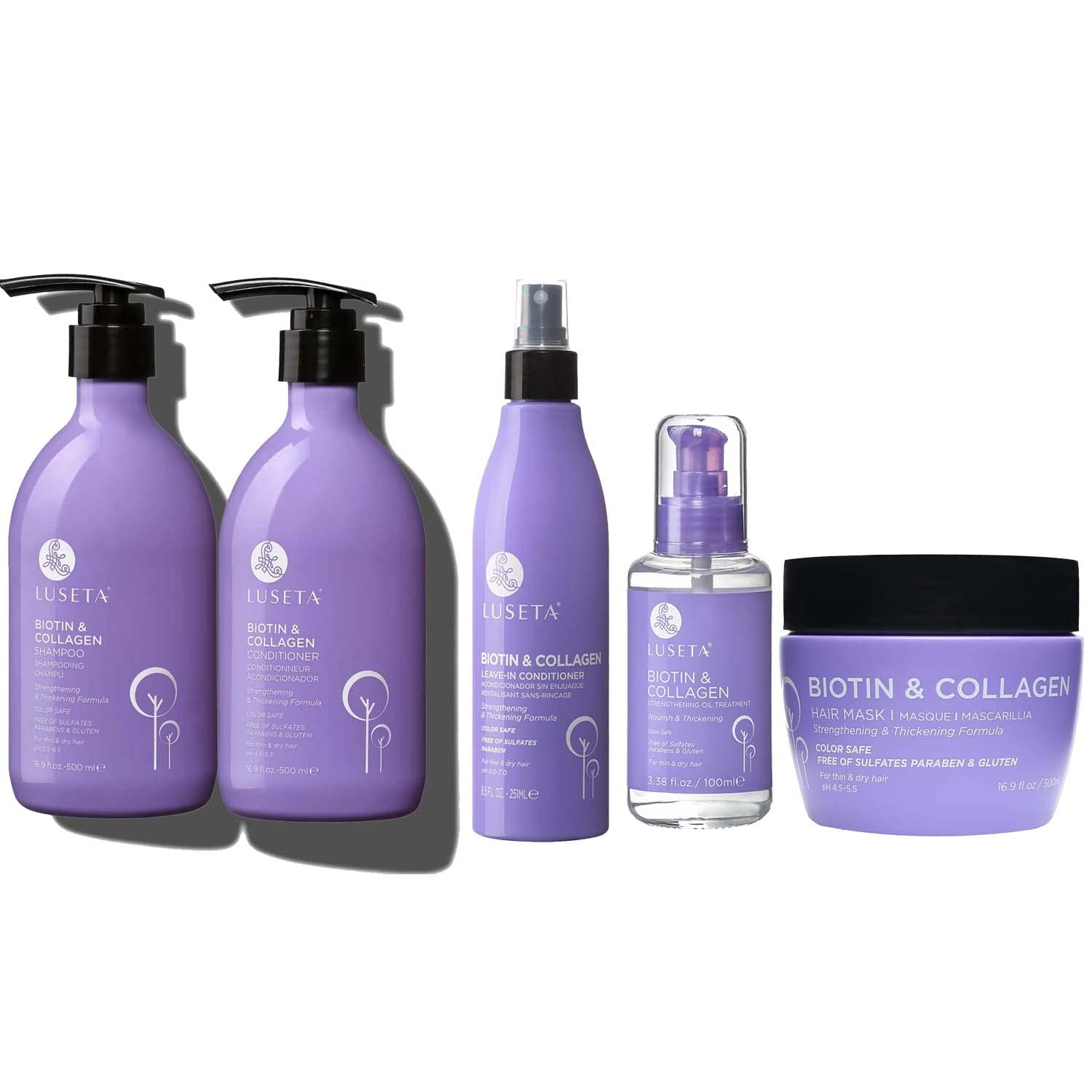 Luseta Biotin Hair Care Set - Shampoo & Conditioner (16.9 oz each), Leave-In Conditioner (8.5 oz), Hair Oil (3.38 oz), and Hair Mask (16.9 oz)