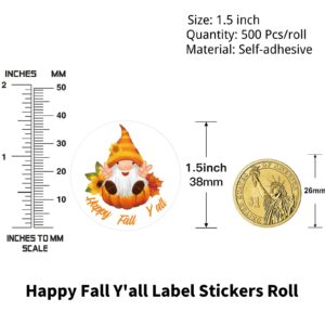 Happy Fall Y'all Label Stickers Roll, 1.5 inch 500 Pcs Thanksgiving Autumn Gnome Floral Leaves Harvest Party Stickers，Thank You Stickers for Envelope Seals Party Gift Favors Box Cards Decorations