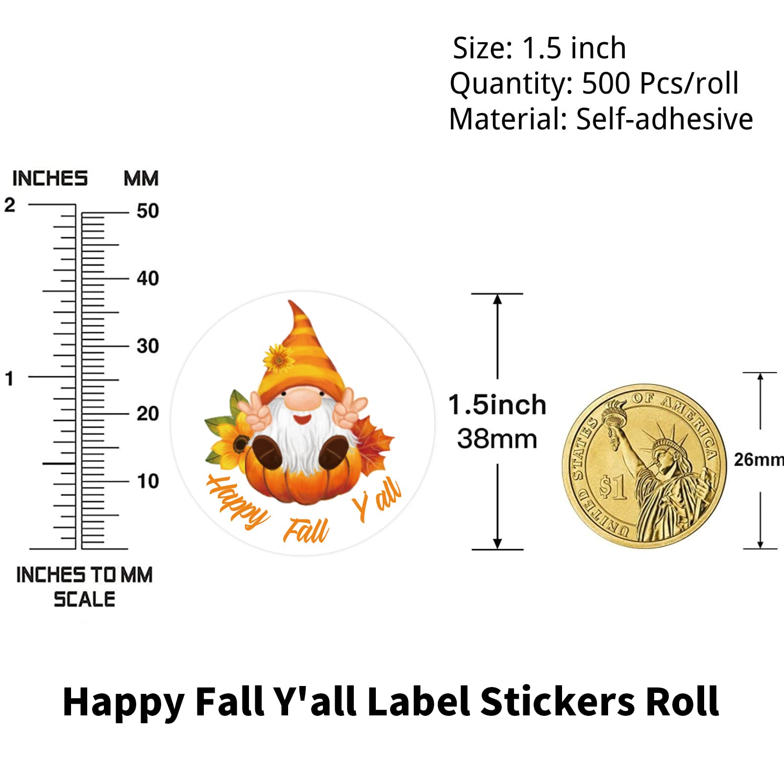 Happy Fall Y'all Label Stickers Roll, 1.5 inch 500 Pcs Thanksgiving Autumn Gnome Floral Leaves Harvest Party Stickers，Thank You Stickers for Envelope Seals Party Gift Favors Box Cards Decorations