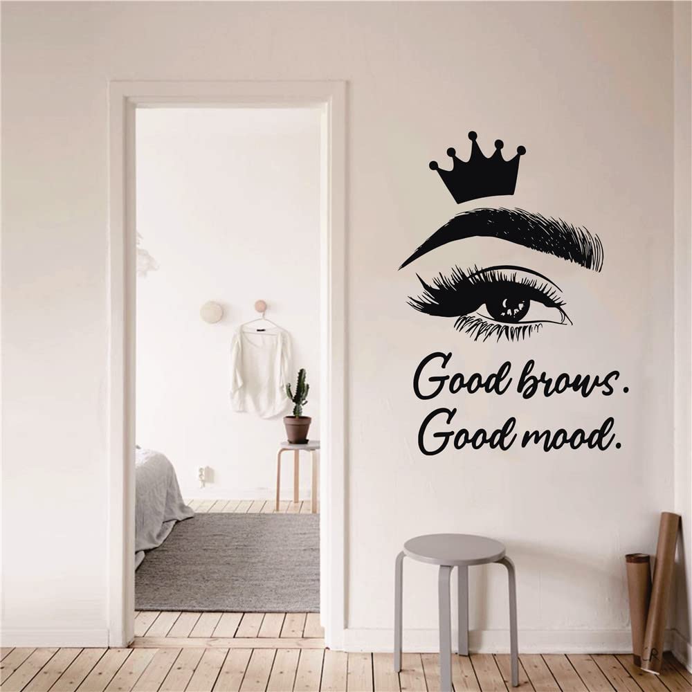 UILMNIY Beauty Eyes with Crown Eyelash Eyebrow Wall Decor Stickers Good Brows Good Mood Quote Lashes Wall Decal Make Up Eye Studio Decoration Mural AFN39