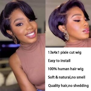 Usexy Hair Pixie Cut Lace Front Wigs Human Hair 13X4X1 Lace Front Wigs Human Hair Short Bob Wigs Straight Lace Front Pixie Cut Wigs For Black Women Pre Plucked With Baby Hair (Natural Color)