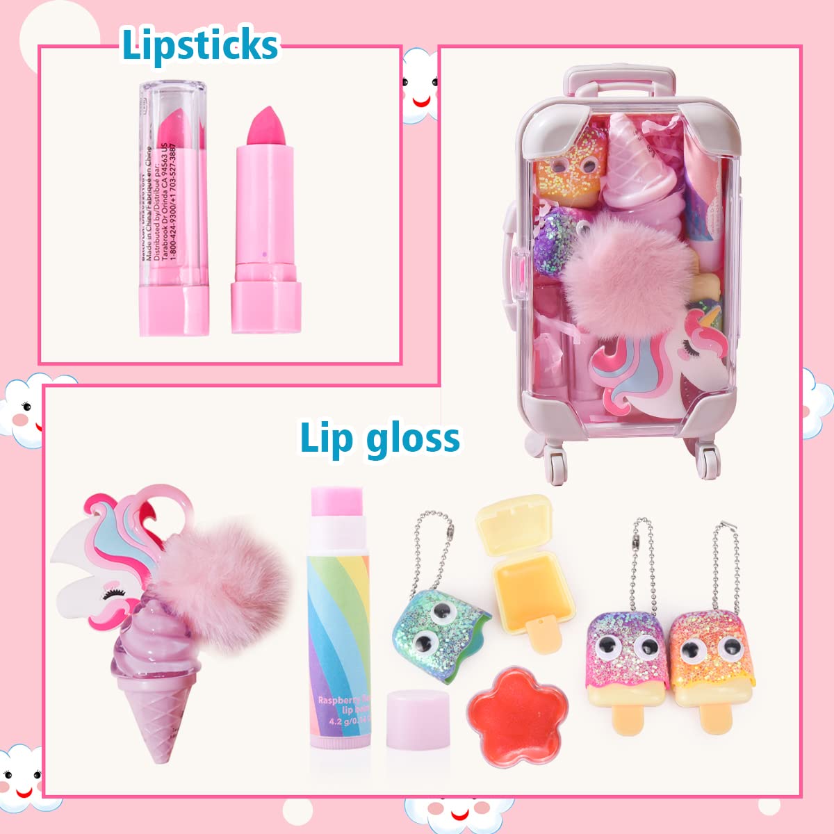 MAKE YOU UP 8Pcs Lip Glosses Care Set with Suitcase, Glitter Popsicle Shape Fruity Flavors Lip Glosses Lipsticks in Realistic Suitcase Toy for Kids Makeup Ages 5+, Non Toxic & Kids Friendly