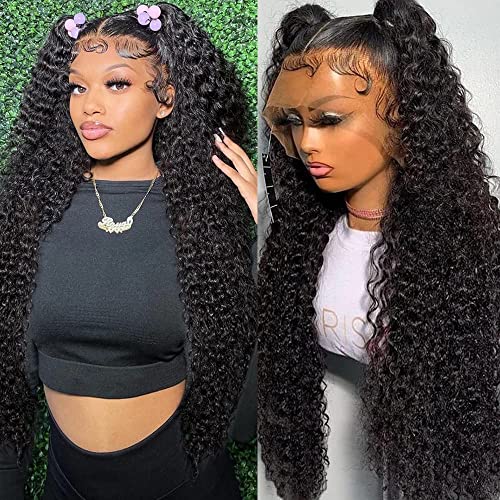 28 Inch Deep Wave Lace Front Wigs Human Hair 180% Density Curly Lace Front Wig Human Hair Wigs for Black Women 13x4 HD Lace Frontal Glueless Wigs Human Hair Pre Plucked With Baby Hair Natural Color